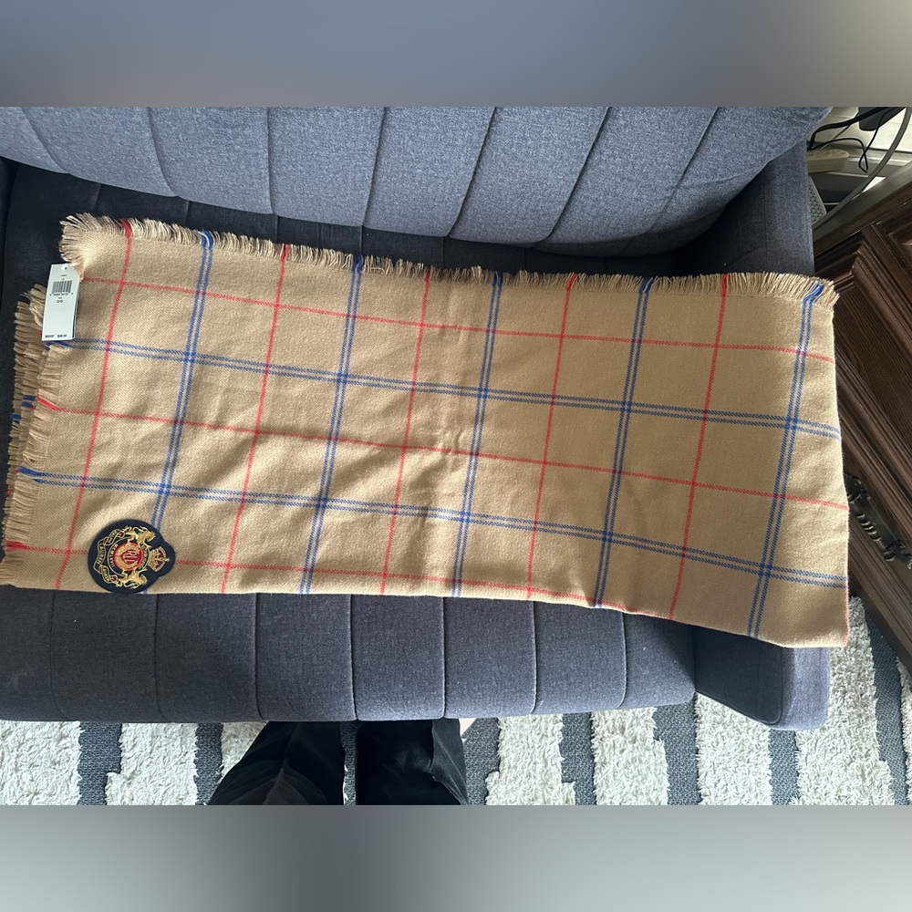 Lauren Ralph Lauren Camel Plaid Scarf with Red & Blue Windowpane